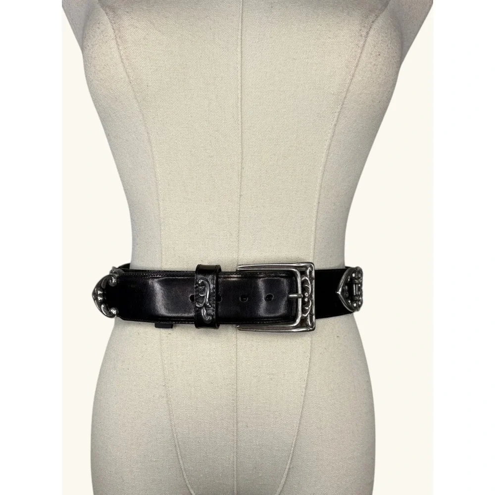 Brighton Black Leather Belt Silver Heart Scroll Ornate Western Made in USA M